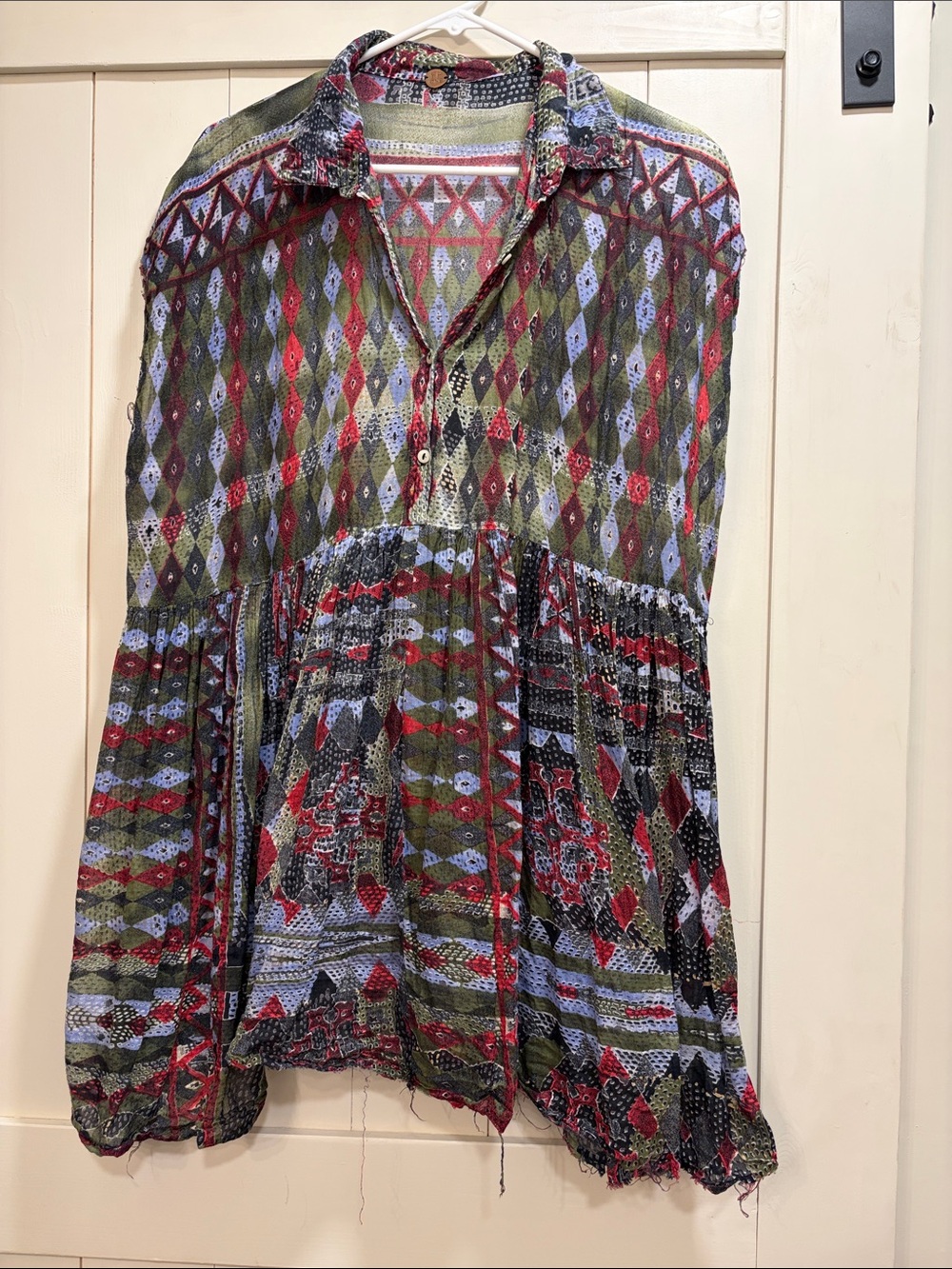 Free People Olive Multi Diamond-Print Button Front Tunic